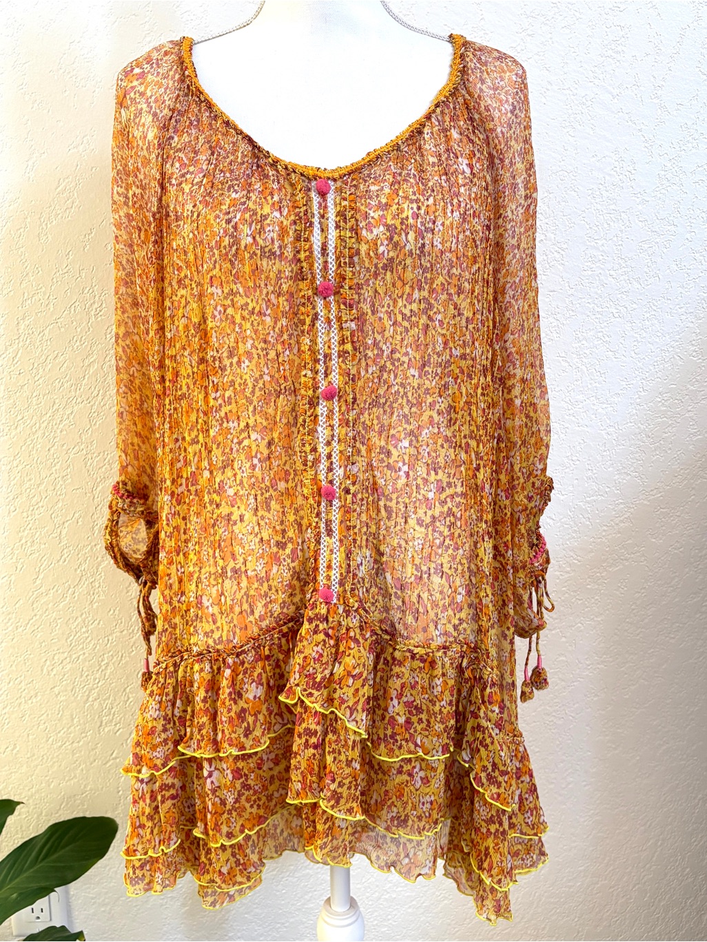 Poupette St Barth Silk Sheer Chiffon Crinkle Poncho Dress Os